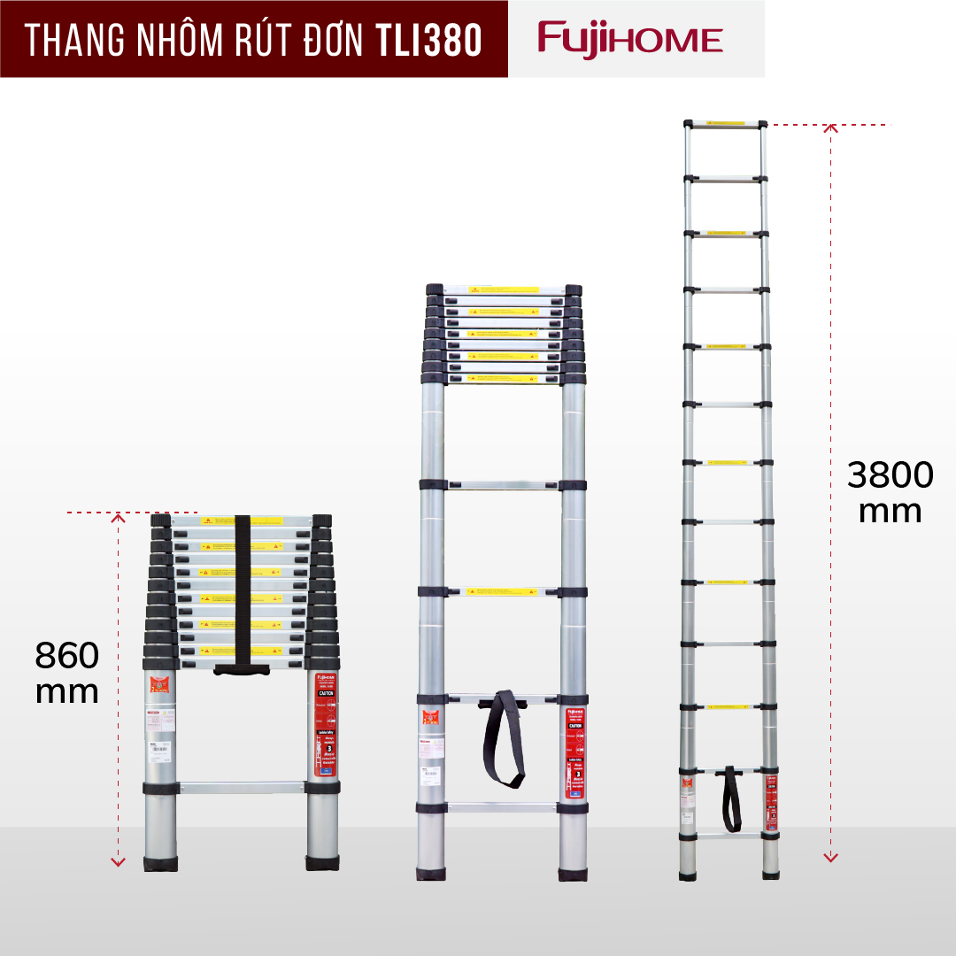 Thang nhôm FUJIHOME TLI500  rút gọn đơn nhập khẩu, Cao tối đa 5m, Hợp kim nhôm cao cấp, Độ ma sát cao chống trượt