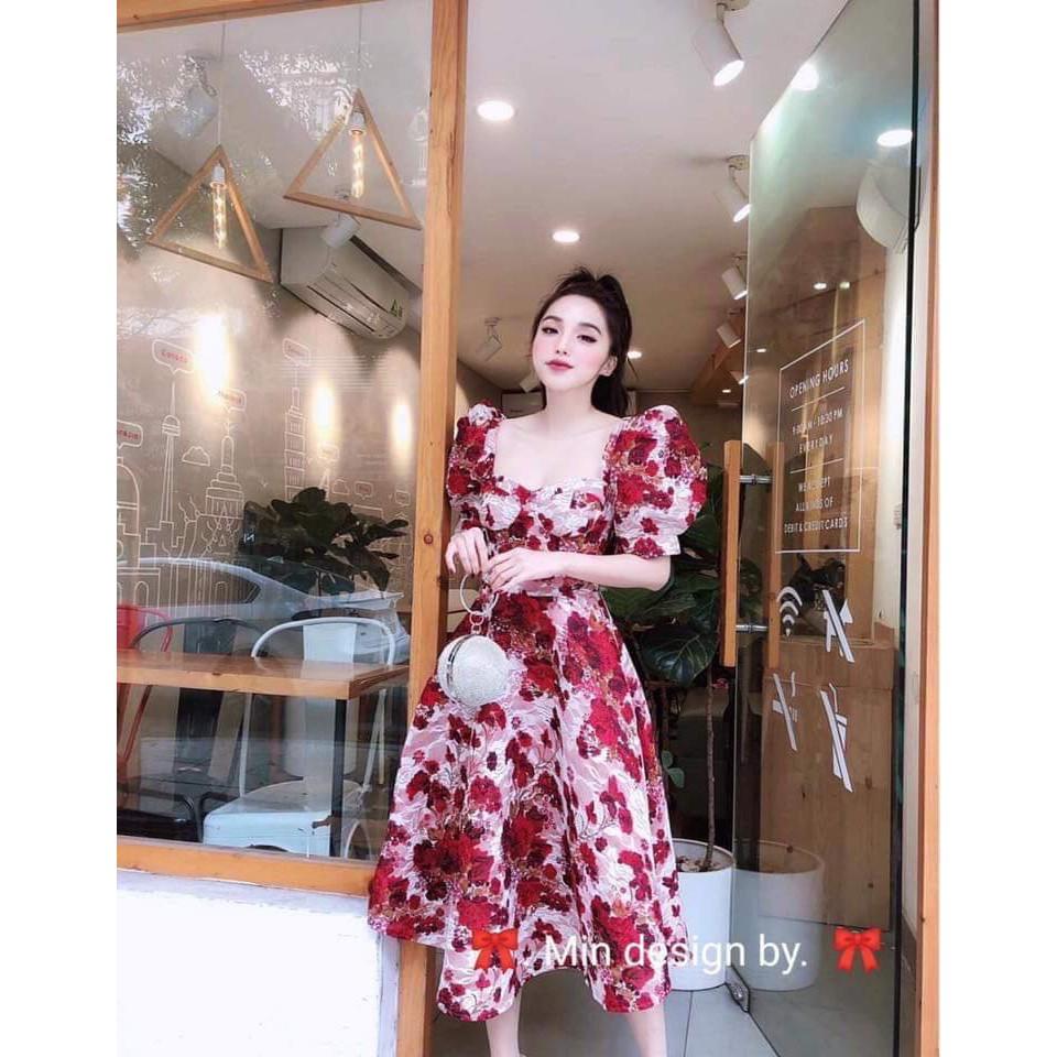 ĐẦM XÒE THÊU HOA ĐỎ TAY PHỒNG SIÊU XINH -MS5353440- SIZE M/L ĐẾN 57KGMM MM