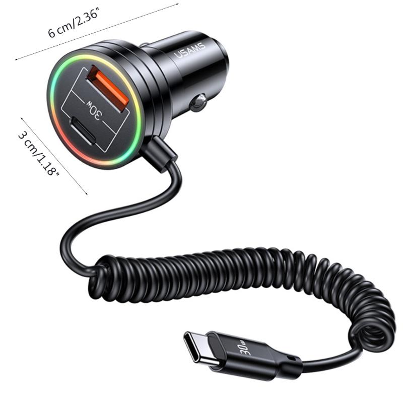 Bộ sạc xe loại C 30W 2 Cổng Sạc xe nhanh PD- & QC3.0 Sạc nhanh có thể mở rộng Cáp Cile
