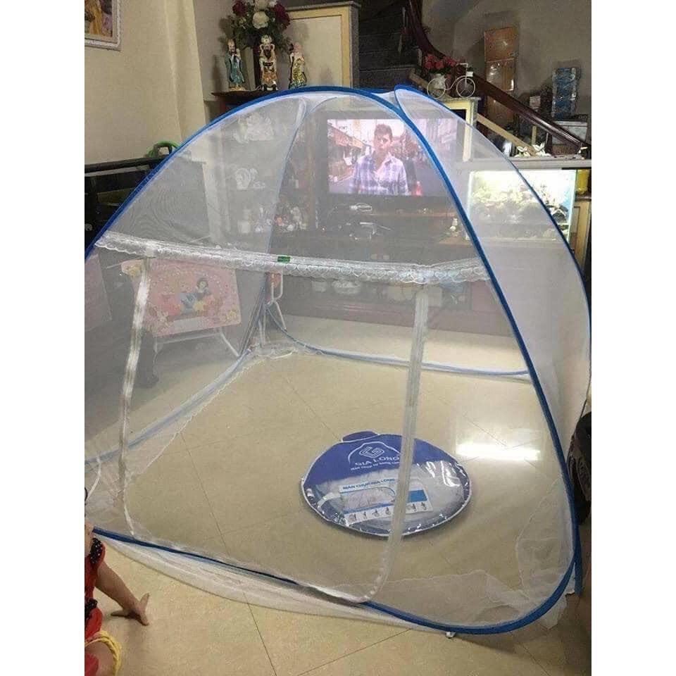 Màn chụp 1M8*2M gấp gọn chống muỗi chân diềm hoa xanh đỉnh vuông GIA LONG cao cấp, mùng chống muỗi