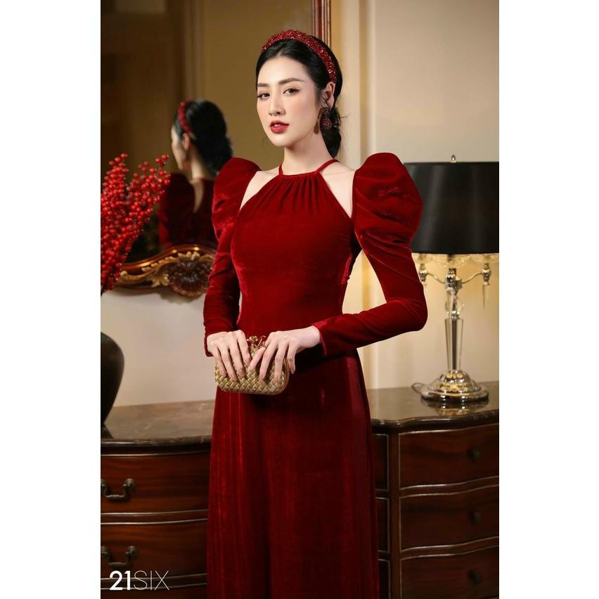 Áo Dài cách tân vải Nhung Tay Bồng Cổ Yếm Cho Các Nàng