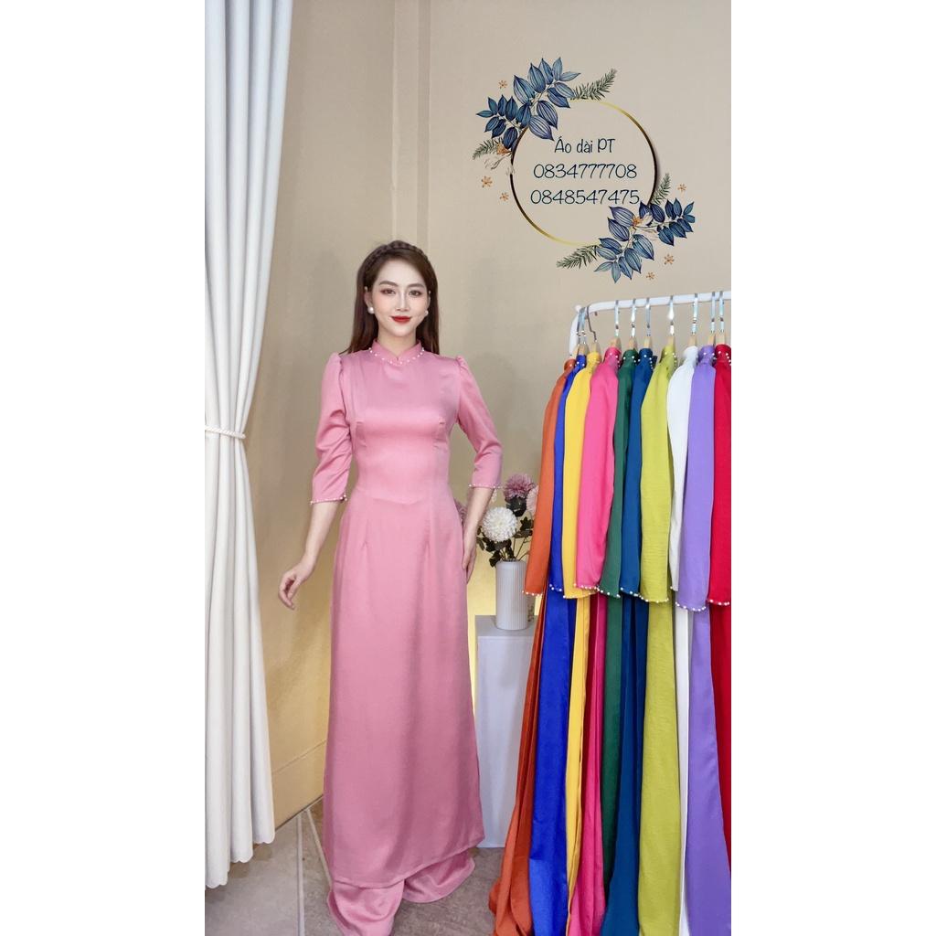 Áo dài truyền thống may sẵn lụa tây thi trơn màu xanh két, xanh rêu.hồng phấn, trắng đẹp