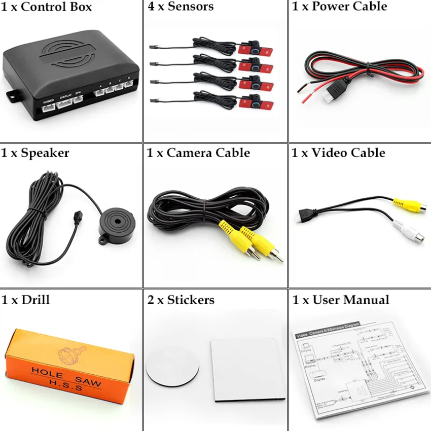 Cảm biến lùi 4 mắt Greenyi AHD-PS001 tích hợp đo khoảng cách dùng cho màn hình DVD và Android chuẩn AHD