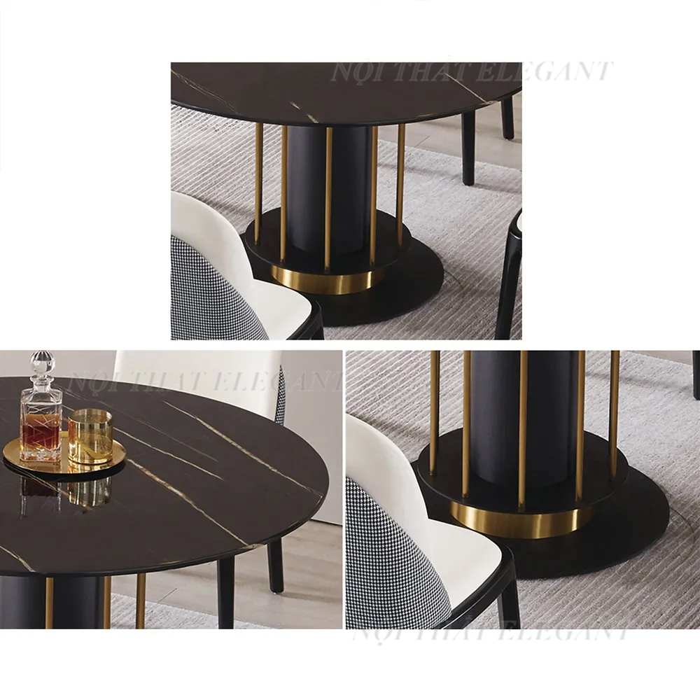Bộ bàn ăn 6 ghế cao cấp, hình tròn, mặt đá Ceramic chống trầy xước, chân kim loại, Ghế bọc da PU – EL-BA15
