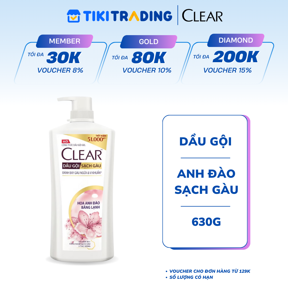 Dầu gội sạch gàu Clear Hoa Anh Đào đánh bay gàu & nhờn ngứa, sảng khoái cả ngày dài 630G