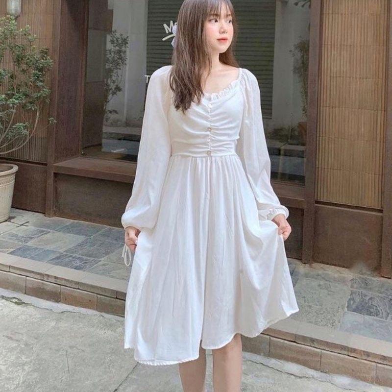 Váy babydoll, váy đi biển trắng tiểu thư, bánh bèo dáng dài tay bồng, đầm dự tiệc, đi chơi siêu xinh dáng xòe, VAY005