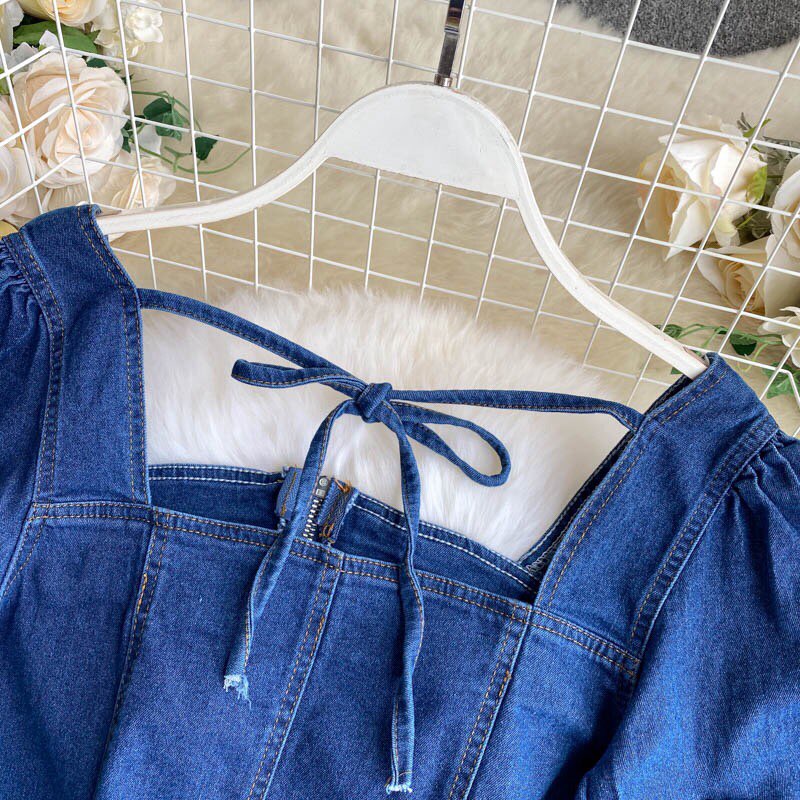 Áo denim croptop cổ vuông phong cách gợi cảm cho nữ