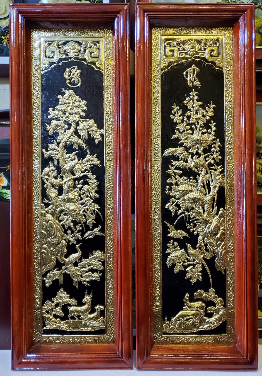 BỘ TỨ QUÝ ĐỒNG VÀNG LIỀN TẤM THÚC GÒ THỦ CÔNG ( TÙNG CÚC TRÚC MAI) KHỔ 40cm*120cm