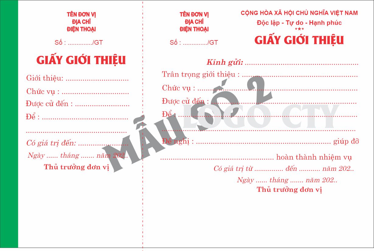 Giấy giới thiệu 1 liên-block 10-chọn mẫu in tên