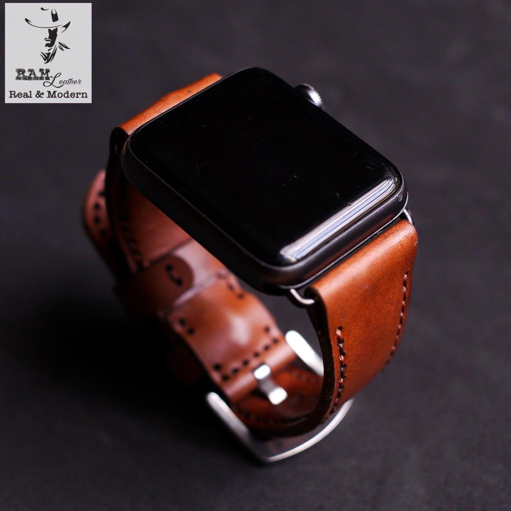 Dây apple watch da bò thật nâu đỏ handmade bền chắc cực đẹp RAM bauhaus 1980 - tặng khóa chốt và adapter