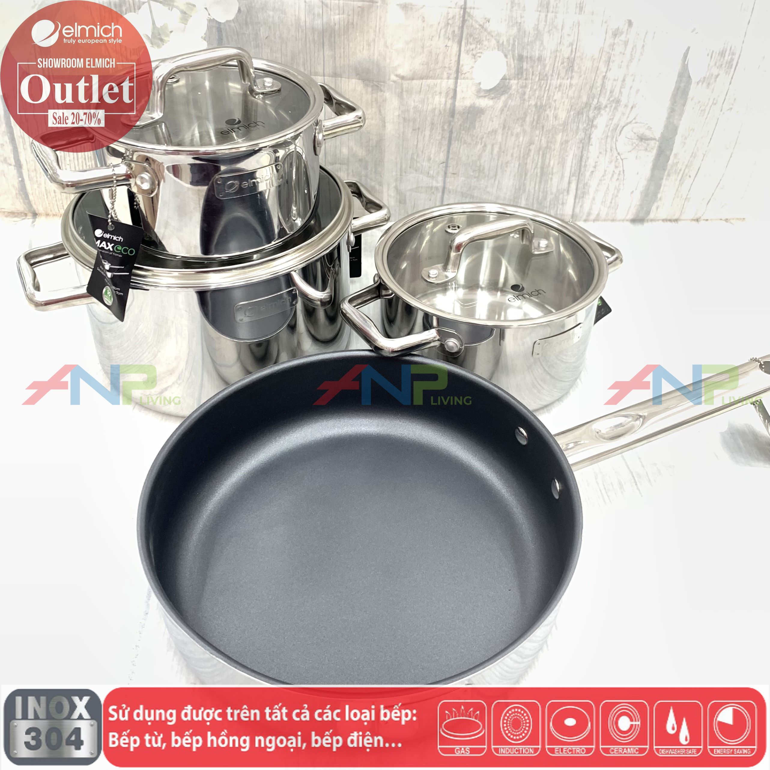 Bộ 4 Nồi Chảo Inox 304 Đáy Liền Khối Elmich Trimax ECO EL-8004 size 18, 20, 26, chảo 26cm