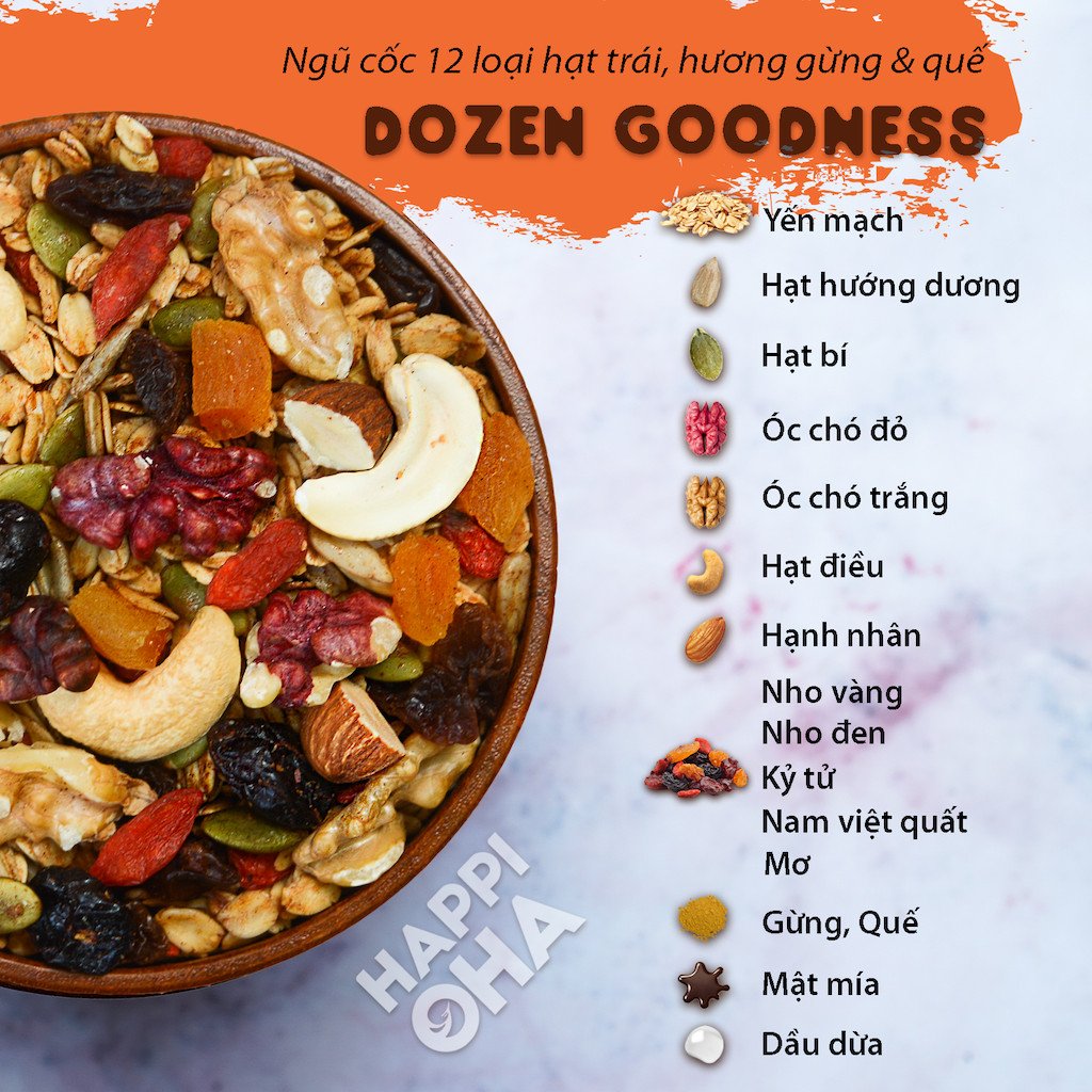 Ngũ cốc 12 loại hạt trái 400g (đặc biệt 2 loại óc chó) Không Đường Tinh Luyện - Dozen Goodness HAPPI OHA - Ngũ Cốc Yến Mạch Nguyên Hạt Ăn Kiêng/Ăn Sáng