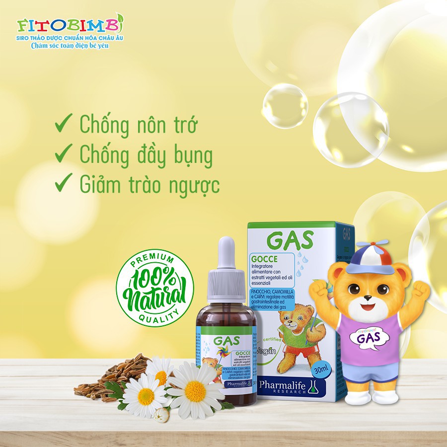 Pharmalife Fitobimbi GAS giảm nôn trớ, đầy hơi ở trẻ, Lọ nhỏ giọt 30ml