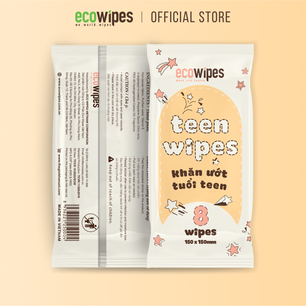 Khăn giấy ướt mini size EcoWipes gói 8 tờ không mùi nhỏ gọn tiện dụng cho học sinh sinh viên
