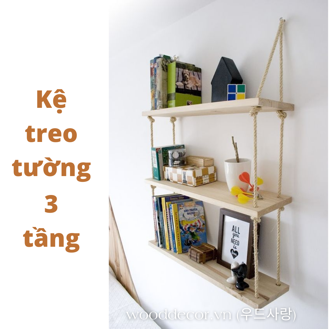 Kệ treo tường gỗ thông 3 tầng kèm dây cối và đinh ba chấu gắn tường