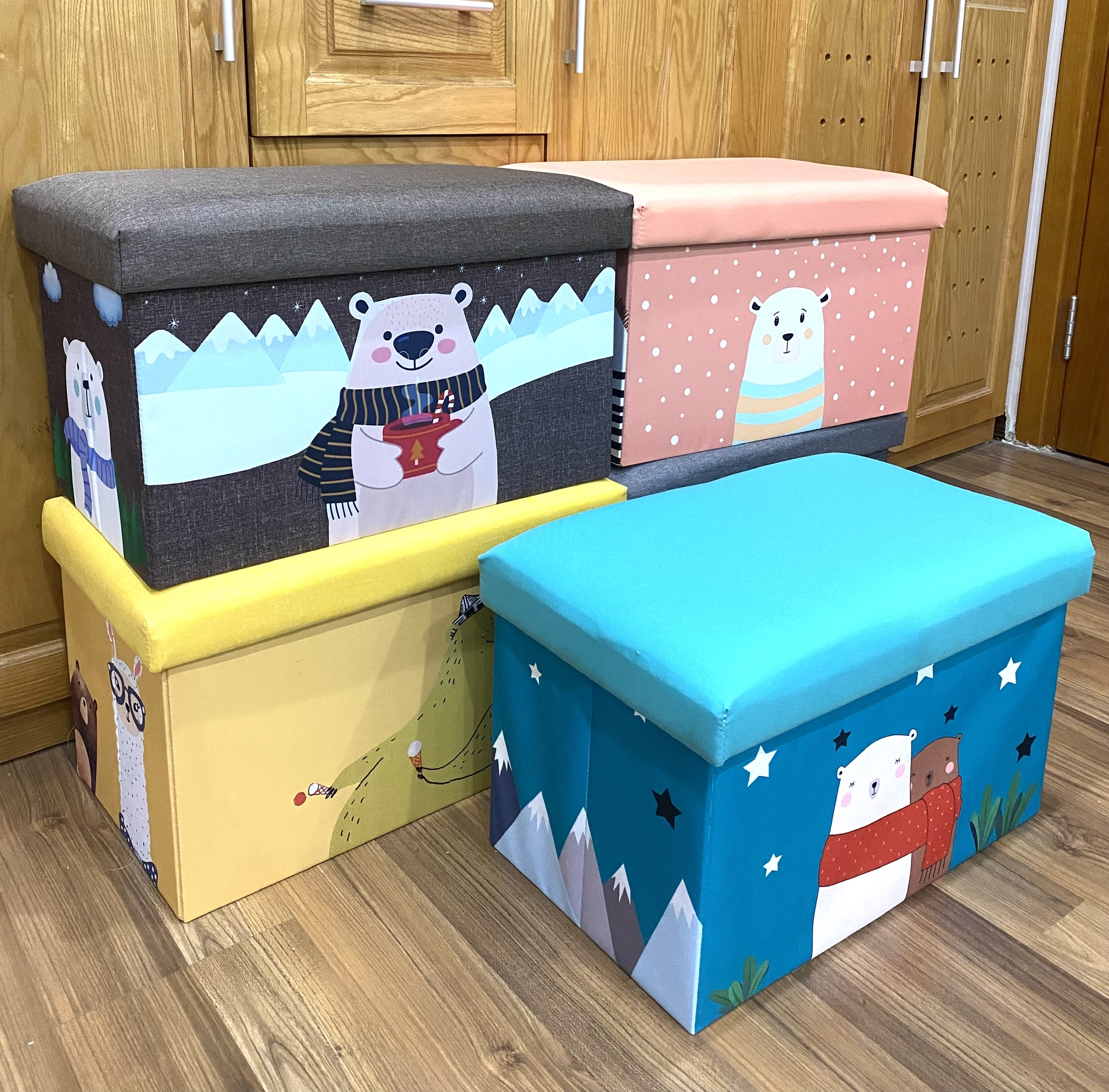 Đôn dài trẻ em kiêm hộp đựng đồ cứng cáp họa tiết in kỹ thuật số KT 51x31xcao31cm