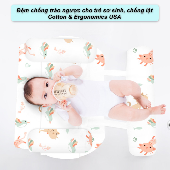 Đệm chống trào ngược cho trẻ sơ sinh, chống lật Cotton &amp; Ergonomics