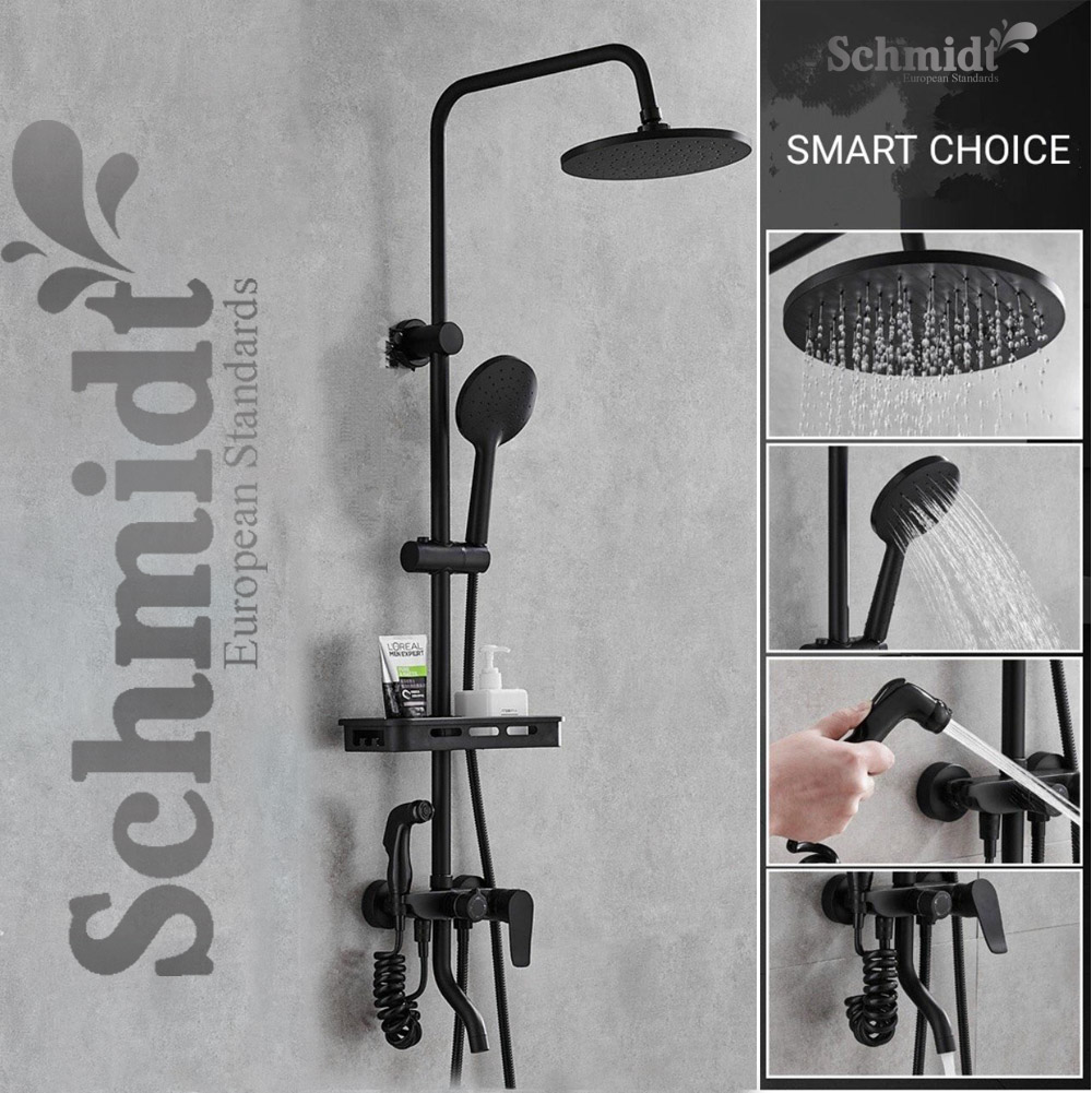 Bộ Vòi Hoa Sen Tắm Nóng Lạnh Đen Schmidt - Củ Sen inox 304 Sơn Đen Chịu Nhiệt Cao Cấp, Thiết Kế Sang Trọng, Đa Chức Năng, Có Kệ Để Dầu Gội Phòng Tắm-Hàng Chính Hãng
