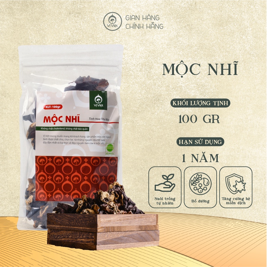 Mộc Nhĩ Rừng Tây Bắc Cao Cấp VỊ VIỆT, Đặc sản tây bắc chọn lọc, không chân, cánh mỏng, giòn thơm, gói 100gram