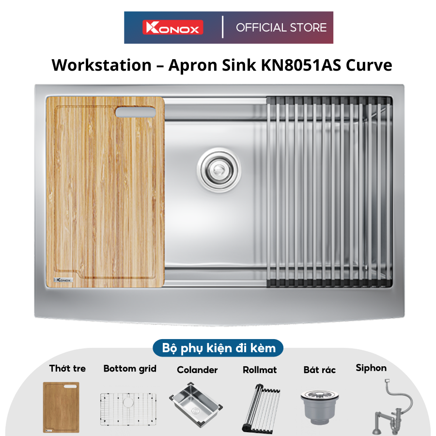 Chậu rửa bát inox 1 hố KONOX Workstation Sink – Apron Sink KN8051AS Curve