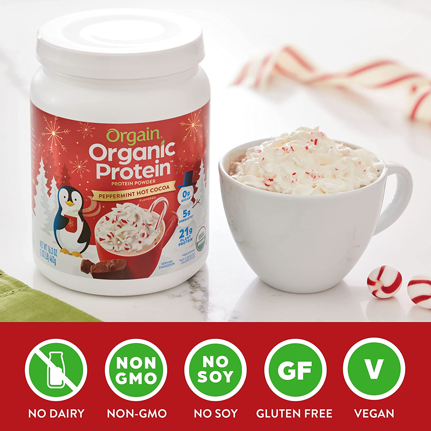 Bột protein hữu cơ thuần chay Orgain Organic Protein Peppermint Hot Cocoa Seasonal Holiday Flavor 462g
