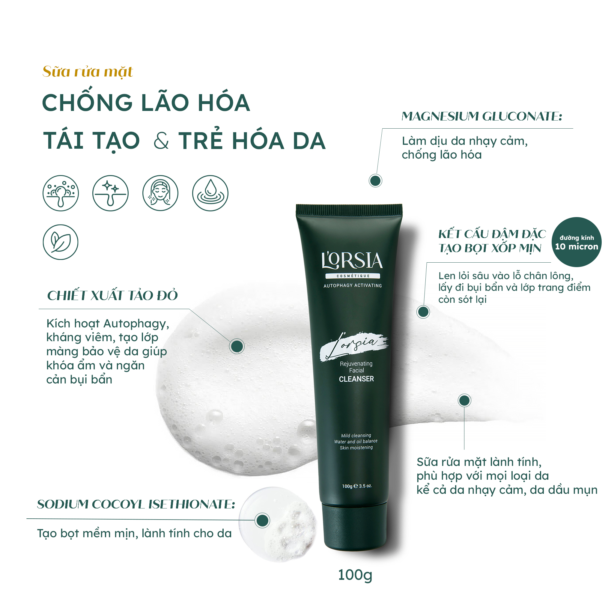 Sữa rửa mặt chống lão hóa, tái tạo và trẻ hóa da L’Orsia Cosmétique Autophagy Activating 100ml