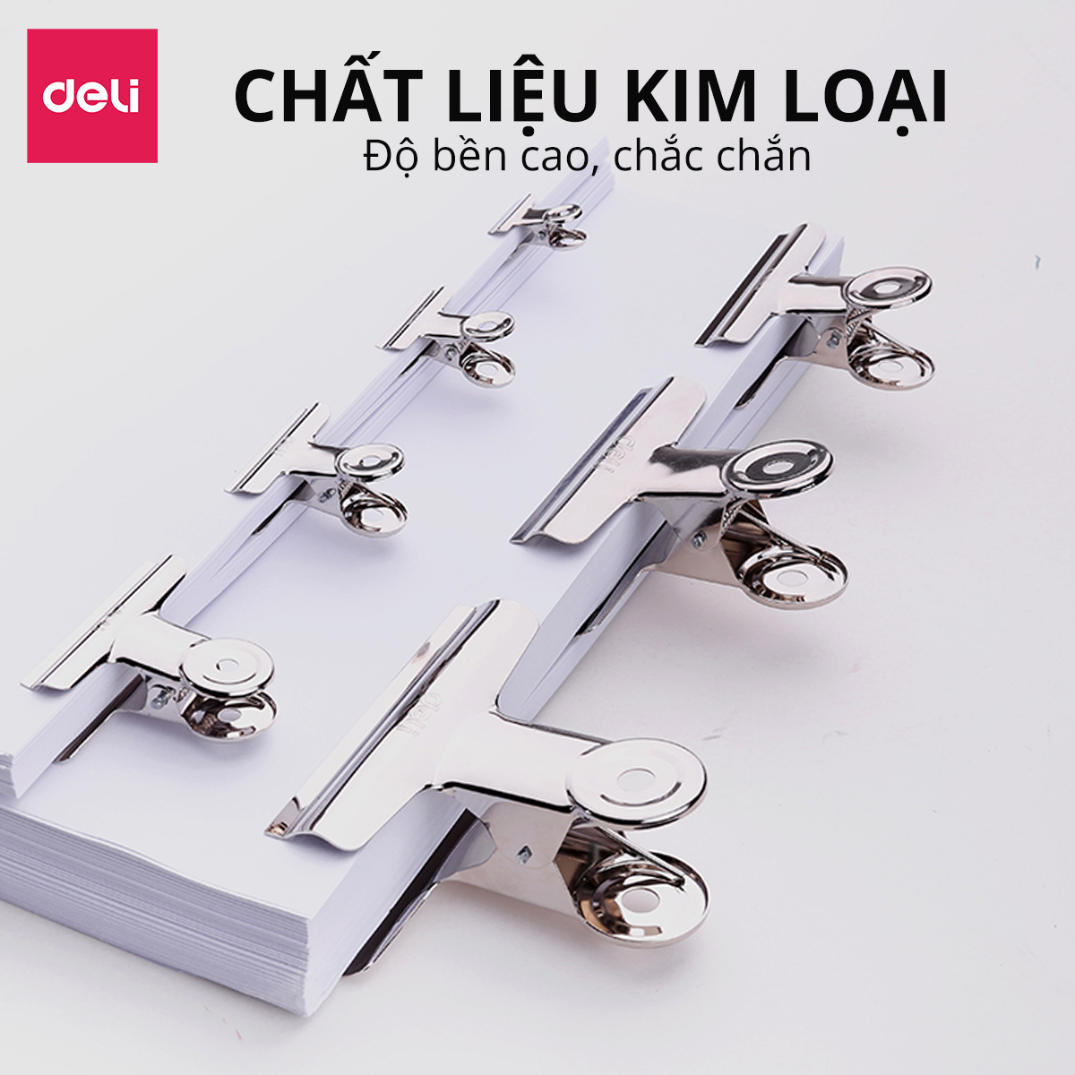 Set 6 chiếc kẹp bướm, Kẹp kim loại đuôi tròn Deli, Kẹp giấy tài liệu văn phòng 19mm 29mm 38mm 51mm