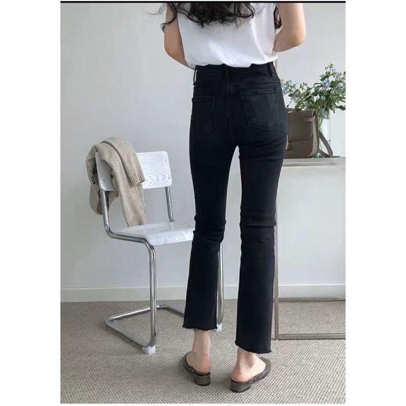 Quần jean ống loe lưng cao màu đen trơn vải jean giấy co giãn Hàn Quốc Q059