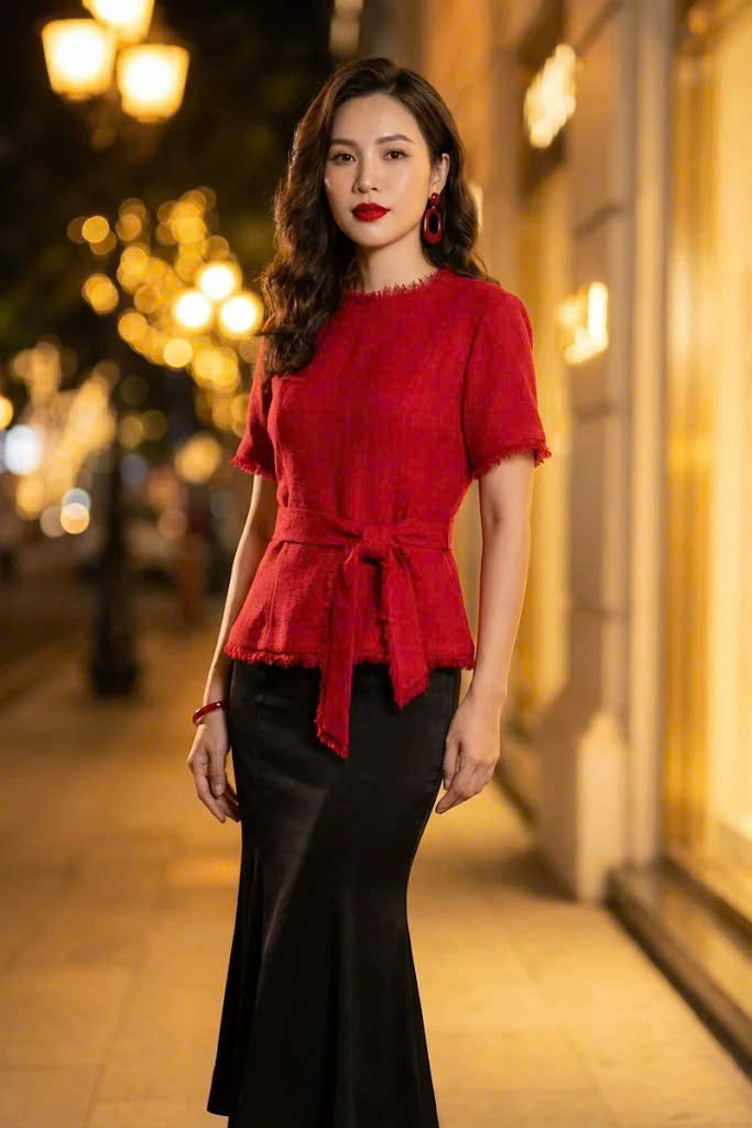 Áo Thắt Eo Peplum Tweed Đỏ Thanh Minh Top242 thời trang thiết kế Hity