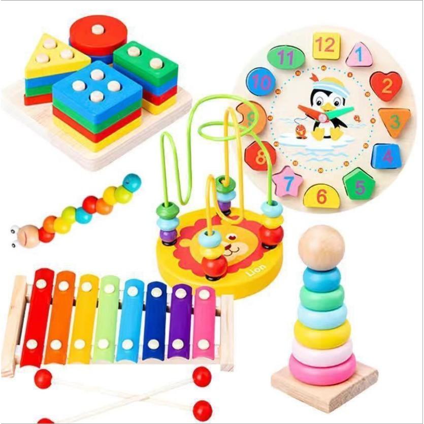 Combo sét 6 món đồ chơi giáo dục luồn hạt - sâu gỗ - đàn gỗ - cầu vồng - thả hình 4 trụ - đồng hồ xâu hạt - cho bé