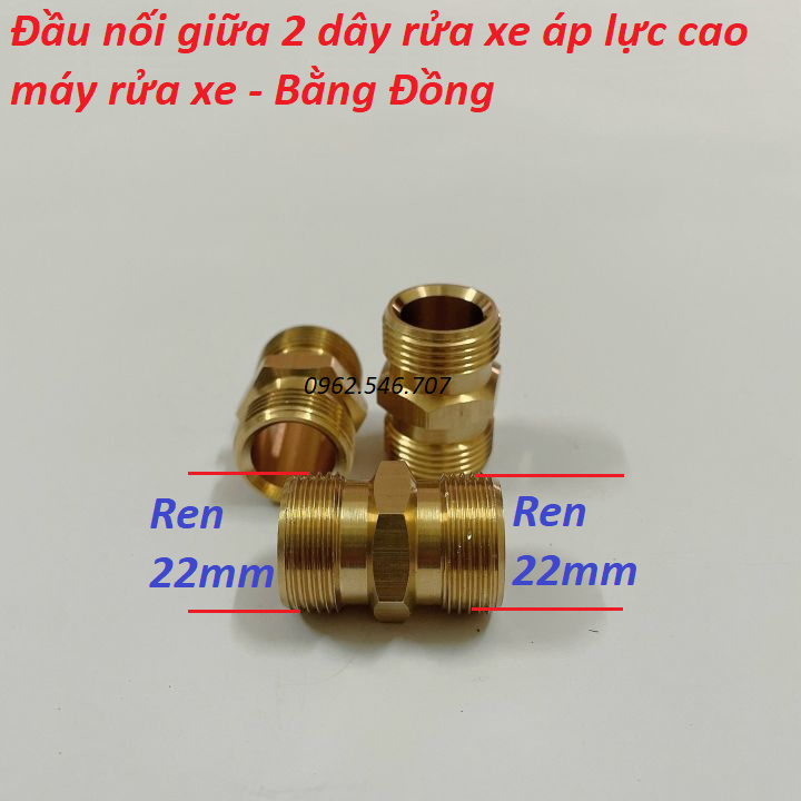 Khớp nối dây xịt máy rửa xe 2 đầu ren 22mm Bằng Đồng (kép nối 22mm)