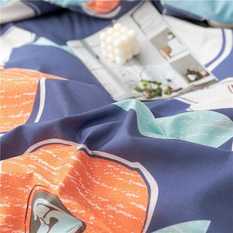 Bộ chăn ga Cotton Poly Hoa cam trắng phối ga xanh - Hàng nhập khẩu