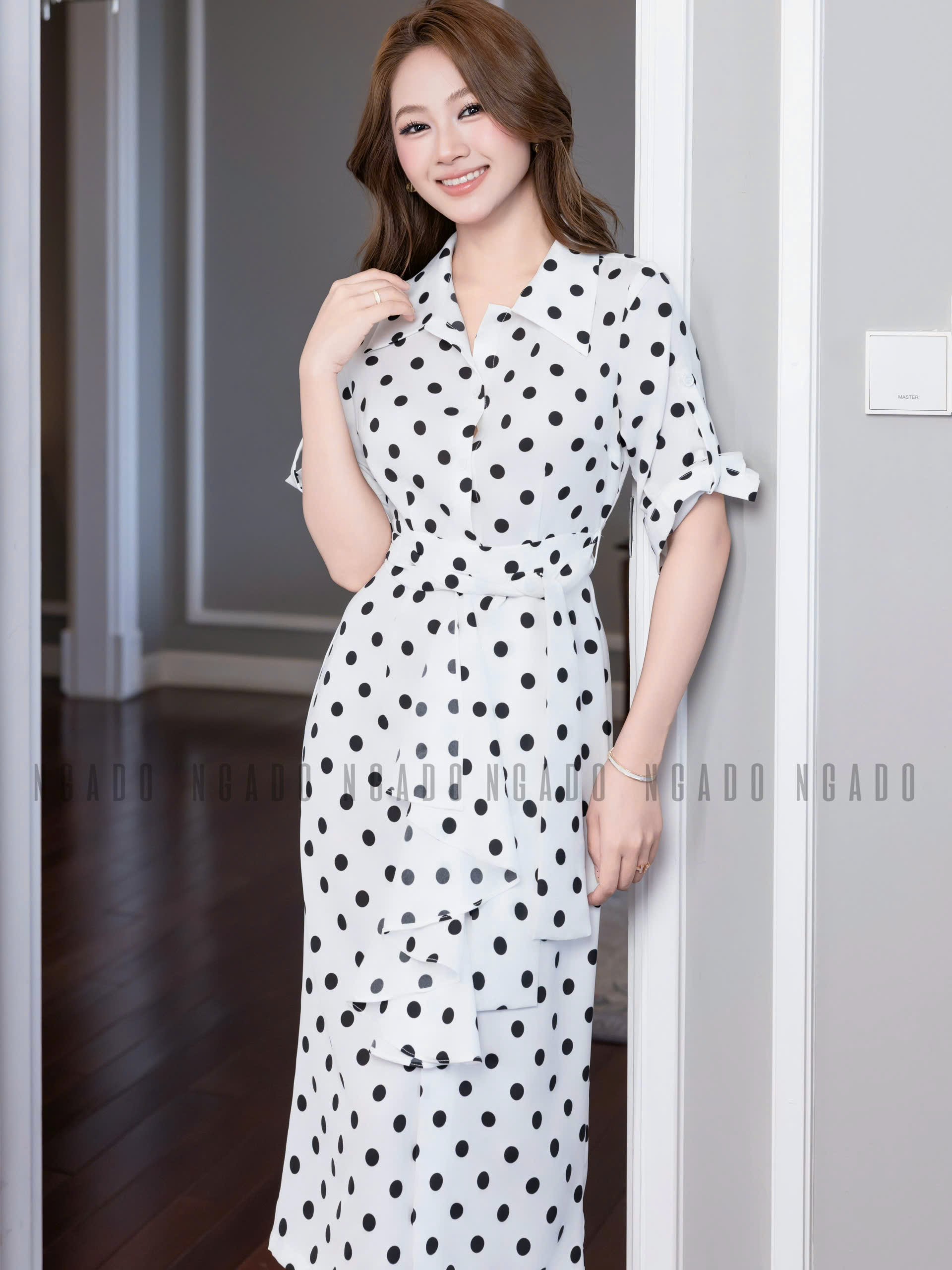 Đầm sơ mi chấm bi tay lửng NGADO , đầm sơ mi , đầm chấm bi , đầm kiểu