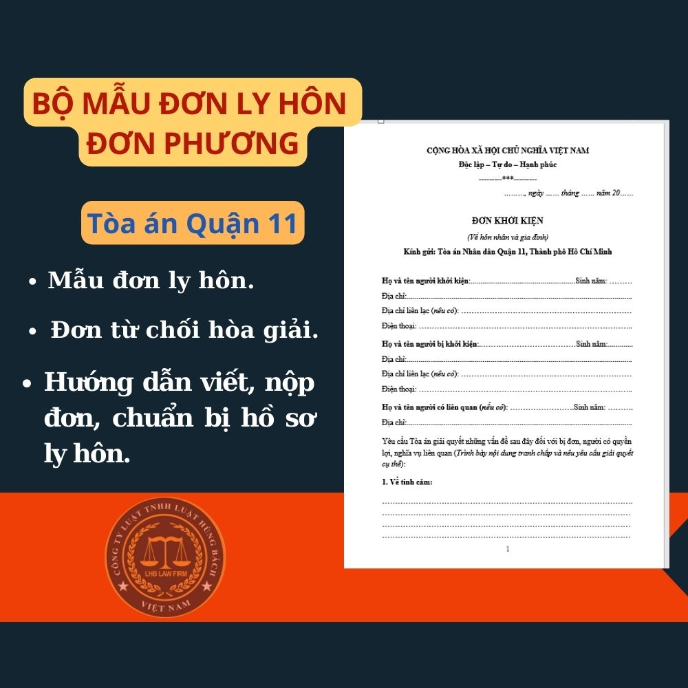 Mẫu đơn ly hôn đơn phương Tòa án quận 11 + tài liệu hướng dẫn chi tiết