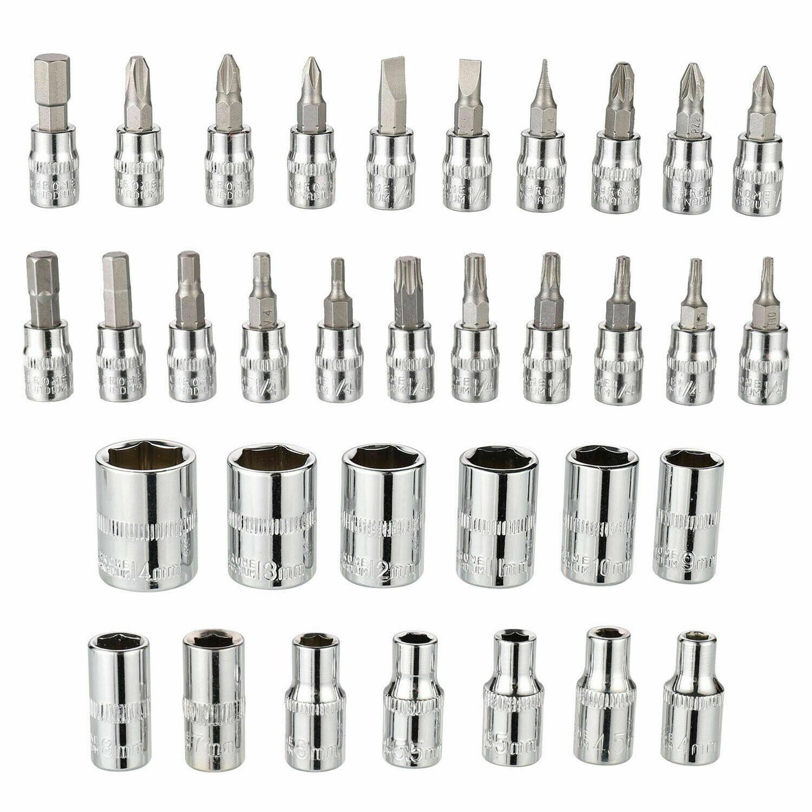 46Pcs Ratchet Wrench Socket Tools Set Metric 1/4'' Drive Screwdriver with Box