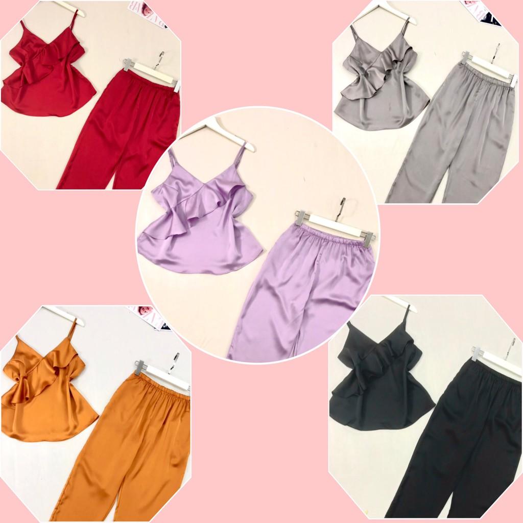 Bộ Mặc Nhà Nữ NHIHOUSE71 Áo 2 Dây Bèo Quần Dài Chất Lụa Satin Cute Cực Xinh Dưới 60kg