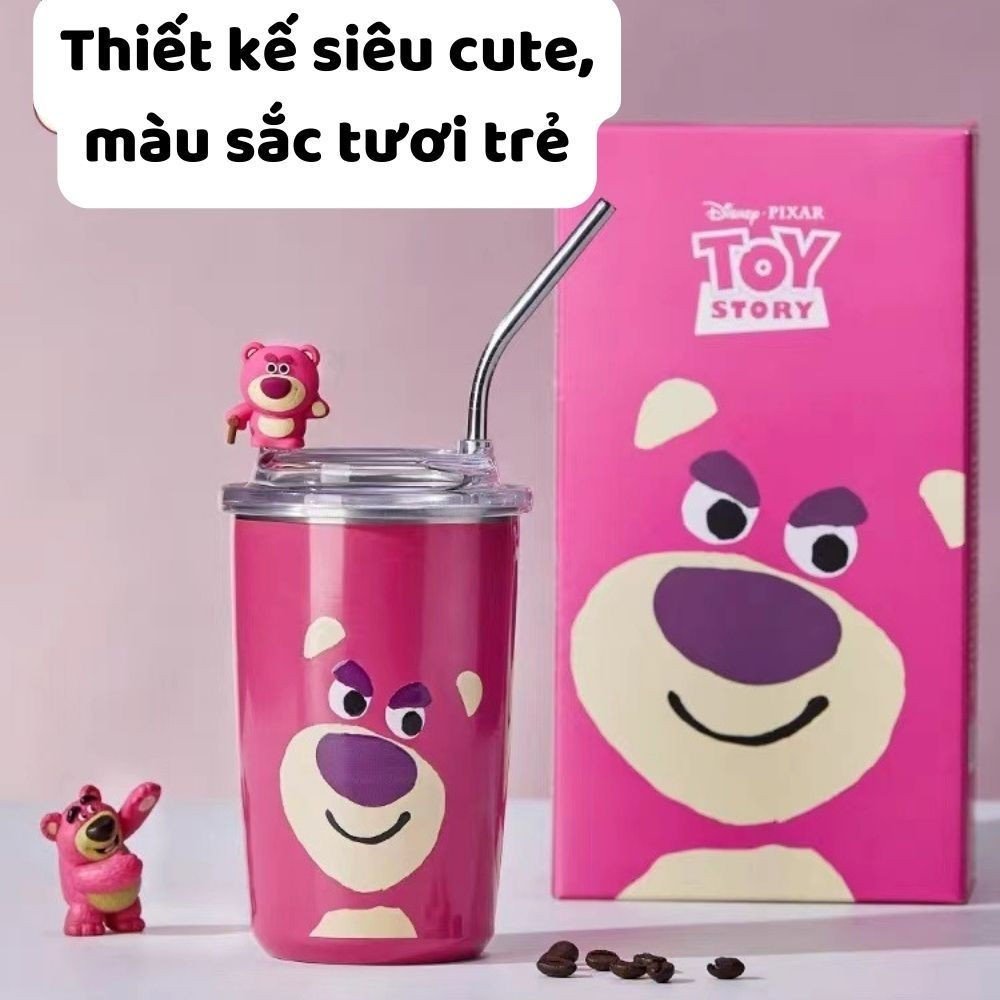 Ly Giữ Nhiệt Inox Hình Gấu Hồng StrawBerry 450Ml Kèm Ống Hút Inox