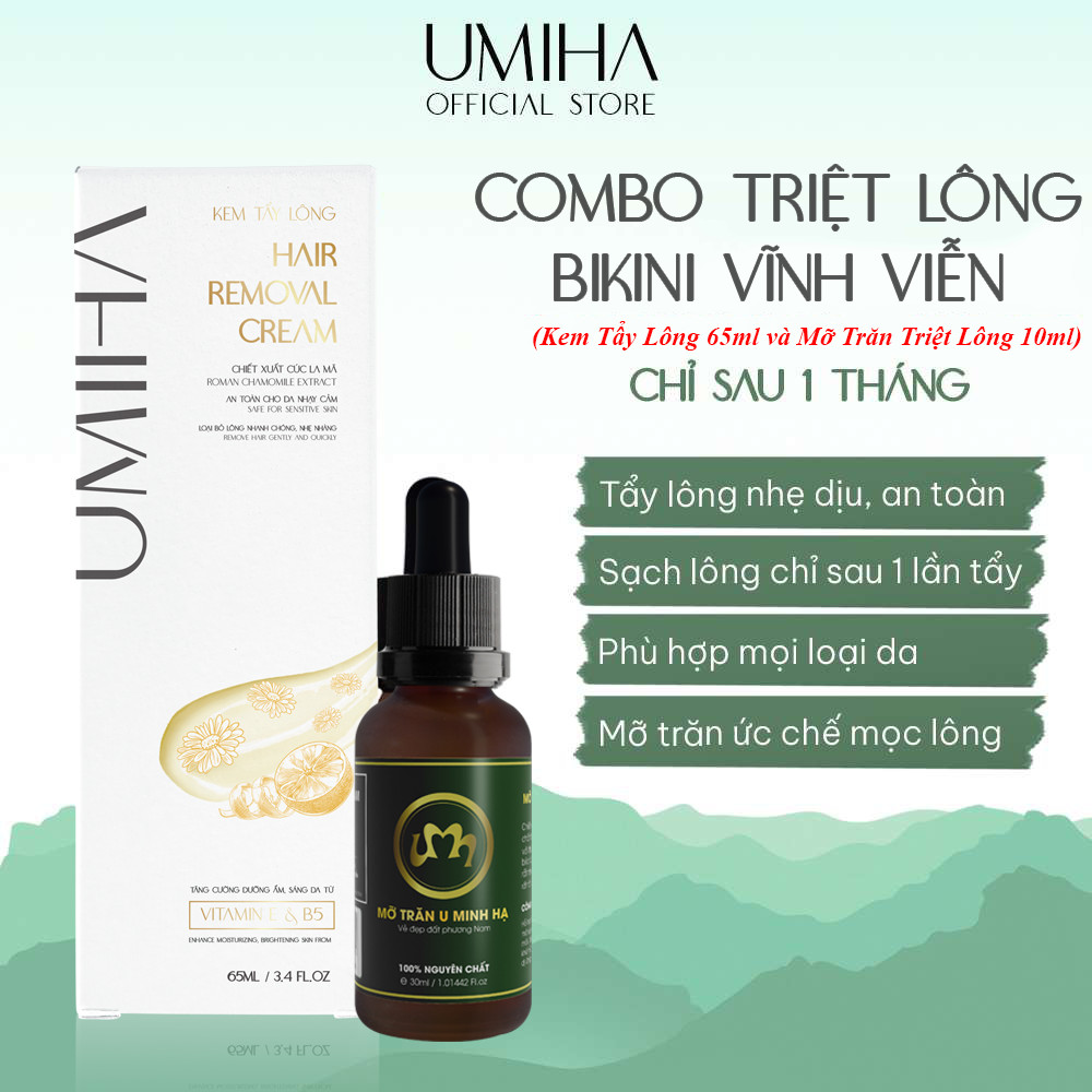 Bộ triệt lông Bikini vĩnh viễn UMIHA với Mỡ trăn nguyên chất U Minh Hạ 10ml và Kem tẩy lông 65ml