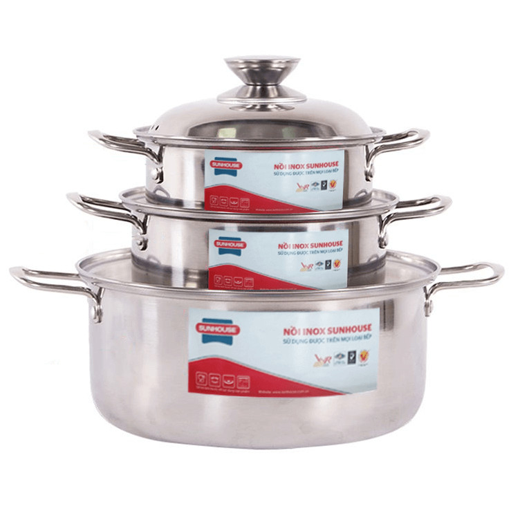 Bộ 3 Nồi Inox 1 Đáy Sunhouse SH224 Dùng Mọi Bếp - Chính Hãng