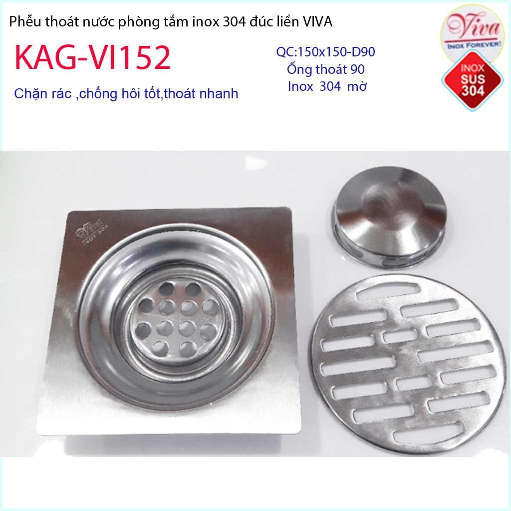 Thoát sàn Viva 15x15cm KAG-VI152 ống thoát 90mm, phễu thoát sàn inox 304 hố ga đúc dày thoát nhanh chống hôi tốt sử dụn