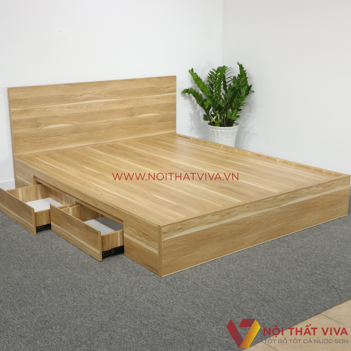 Giường Ngủ Gỗ MDF Phủ Melamine Màu Vàng Sọc Có Ngăn Kéo Đẹp Hiện Đại
