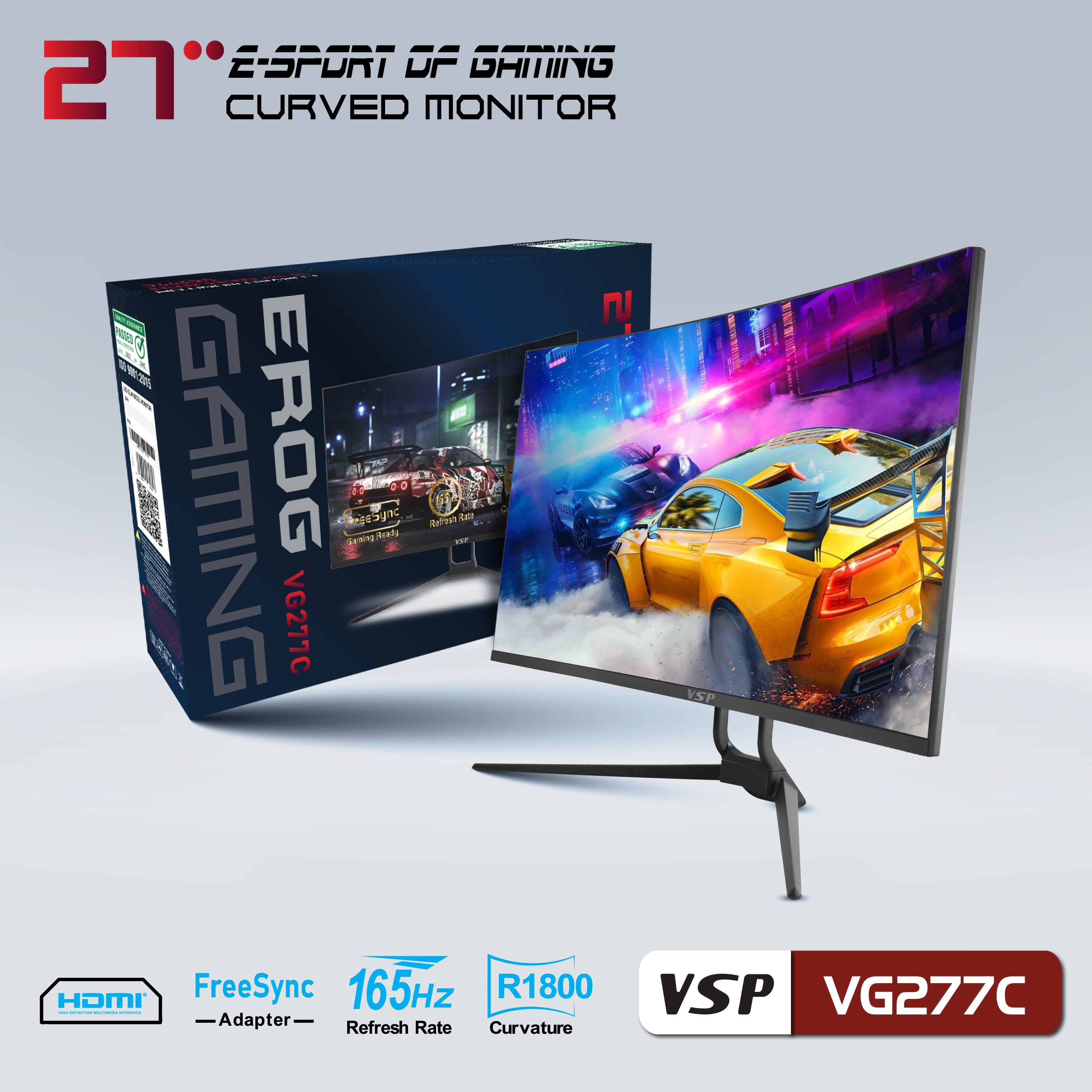 Màn hình máy tính 27inch VSP VG277C Cong 165Hz Gaming (27&quot; VA Full HD 1ms, HDMI+DisplayPort) - Hàng chính hãng TECH VISION phân phối