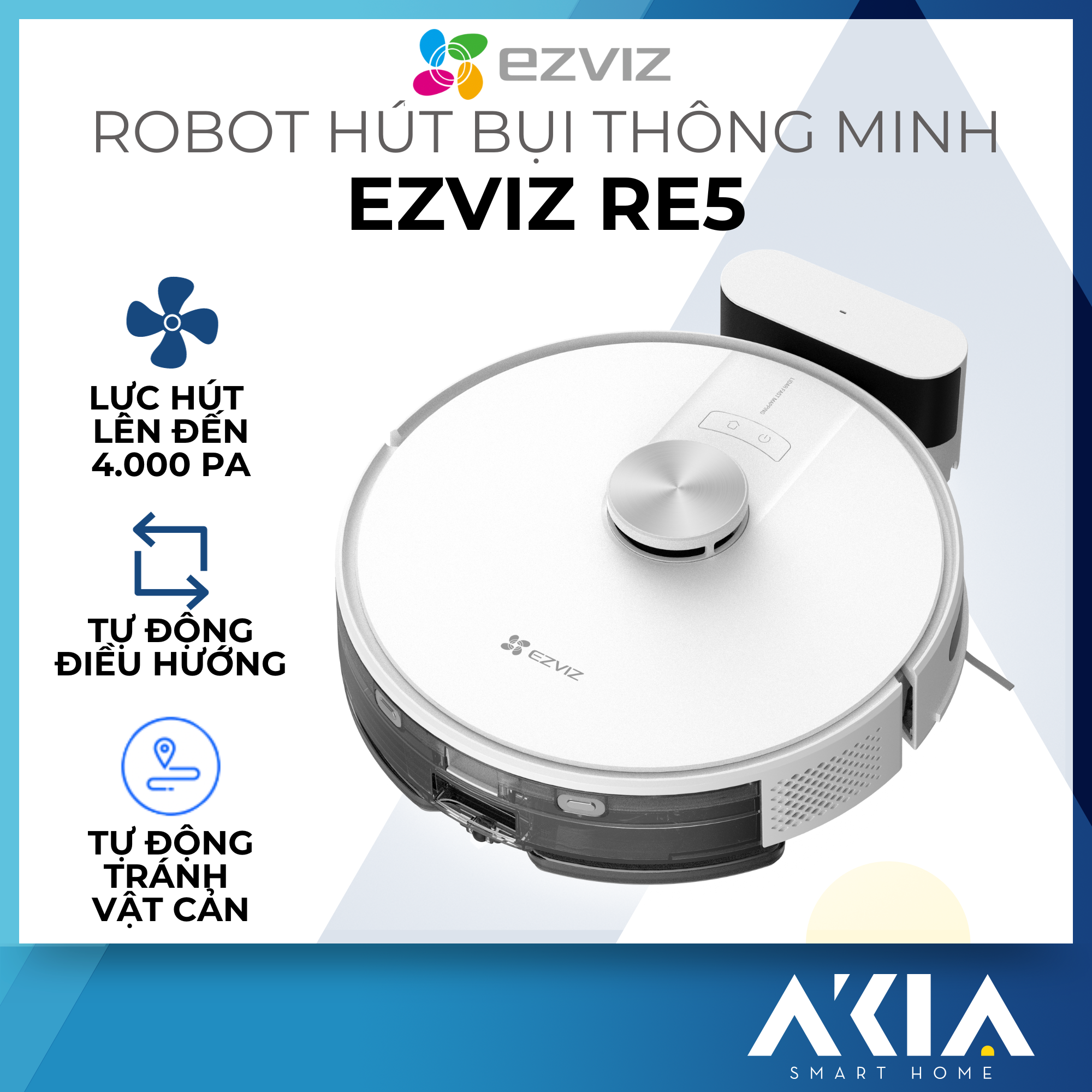 Robot hút bụi thông minh Ezviz RE5 Plus / RE5 - Lực hút lên đến 4000Pa, Tự động điều hướng và Né vật cản, Điều khiển remote và giọng nói - Hàng chính hãng