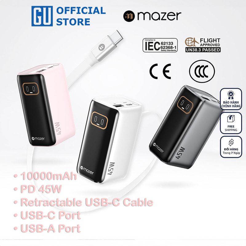 Pin Dự Phòng Kèm Cáp C MAZER PowerCharge Link R PD 45W Dung Lượng 10000mAh Dây Cáp Rút Type C Dài 70cm Chứng Nhận CCC Hàng Chính Hãng