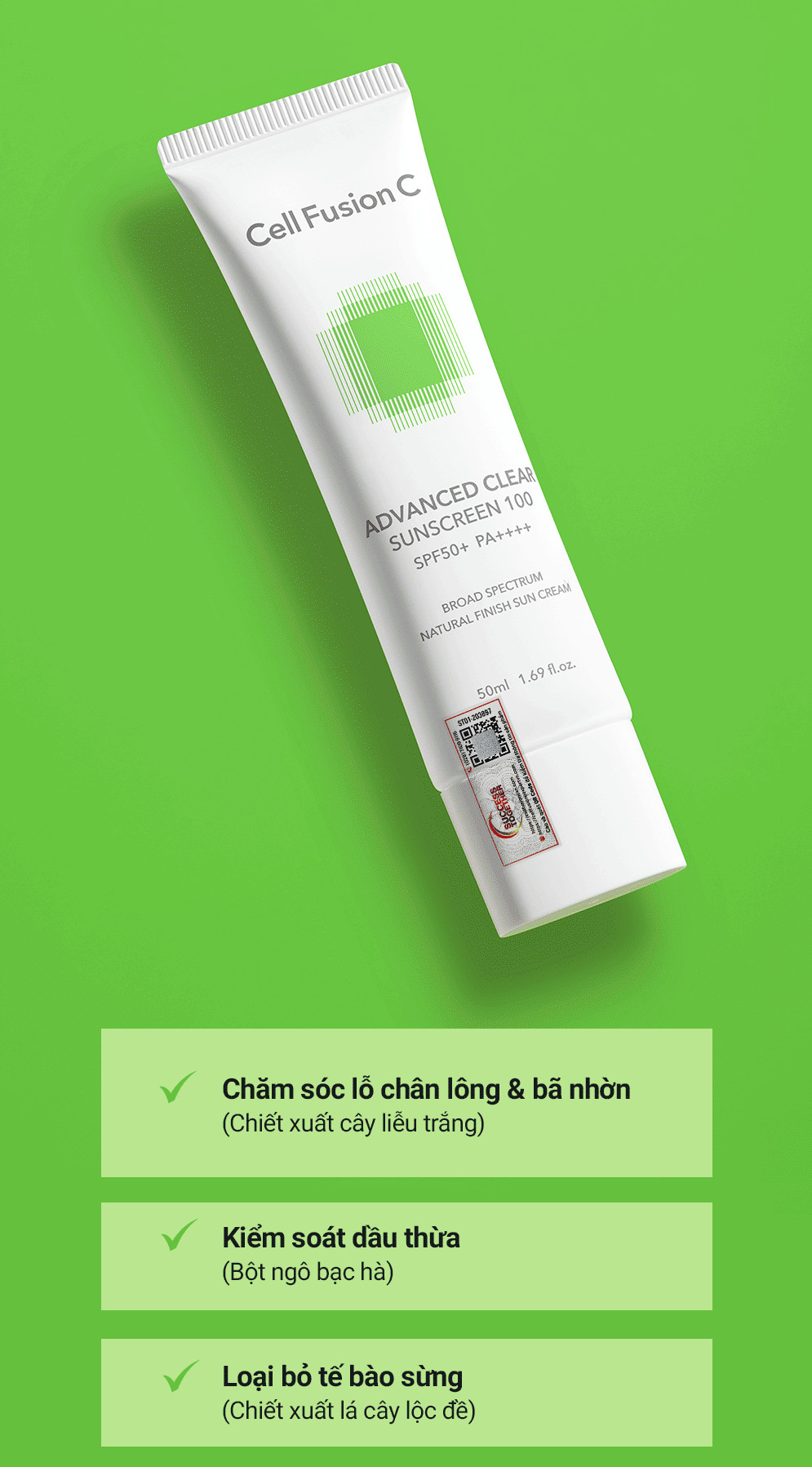 Kem Chống Nắng Phổ Rộng Kiểm Soát Dầu Mụn Cell Fusion C Advanced Clear Sunscreen 100 SPF50+ PA++++ 35ML