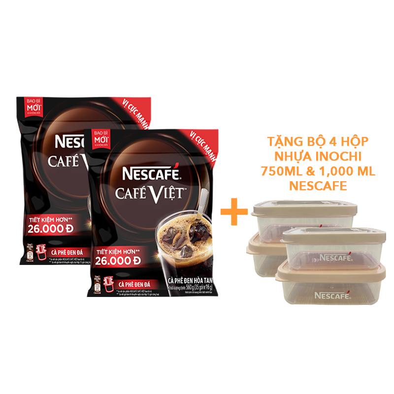 [Tặng Bộ 4 hộp nhựa Inochi 750ml &amp; 1,000 ml NESCAFE] Cà phê hòa tan NESCAFÉ Café Việt - CÀ PHÊ ĐEN ARABICA &amp; ROBUSTA - COMBO 2 Bịch x 35 gói