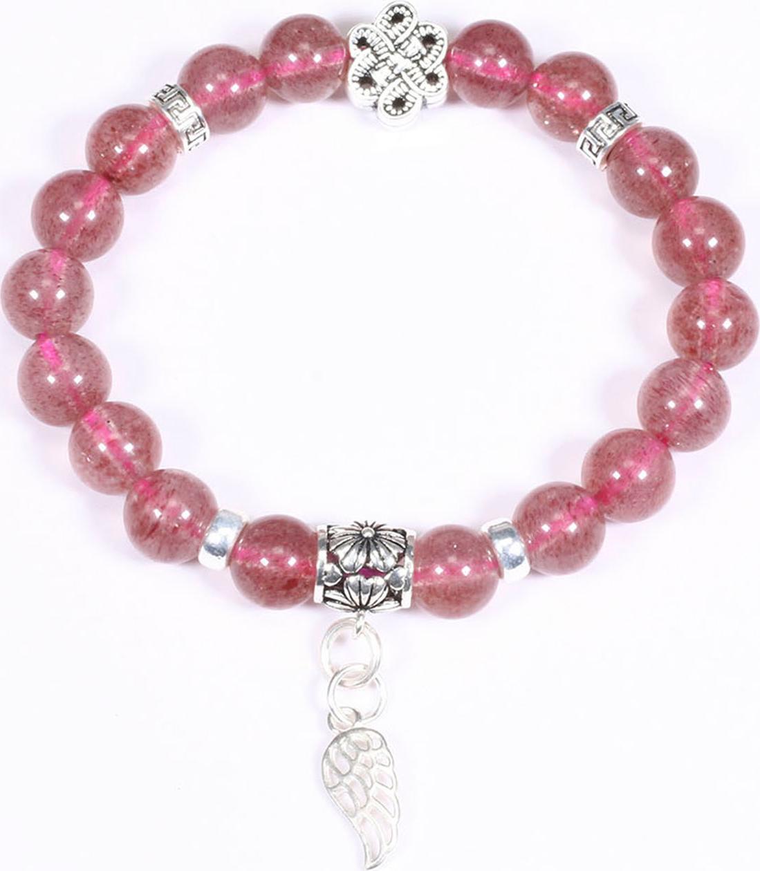 VVòng tay đá thạch anh dâu hồng mix charm cánh bạc hạt đá 8mm mệnh hỏa, thổ - Ngọc Quý Gemstones
