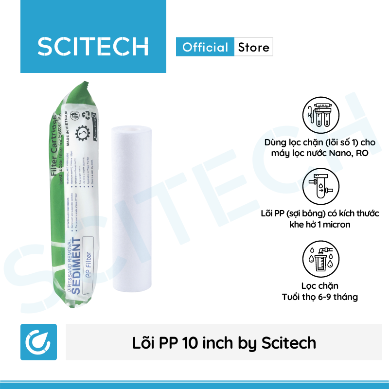 Bộ lõi lọc nước số 1,2,3 (PP-UDF-CTO) 10 inch by Scitech dùng trong máy lọc nước RO, bộ lọc thô - Hàng chính hãng