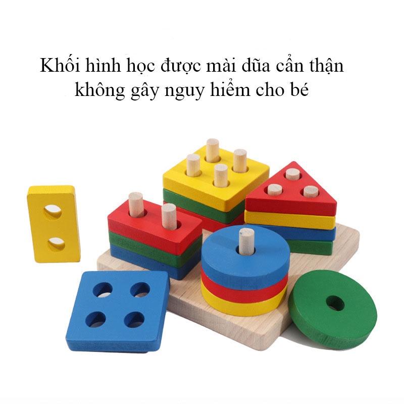 Thả Trụ Montessori Đồ Chơi Gỗ Thả Hình 4 Trụ Vuông Tròn Tam Giác Chữ Nhật Cho Bé