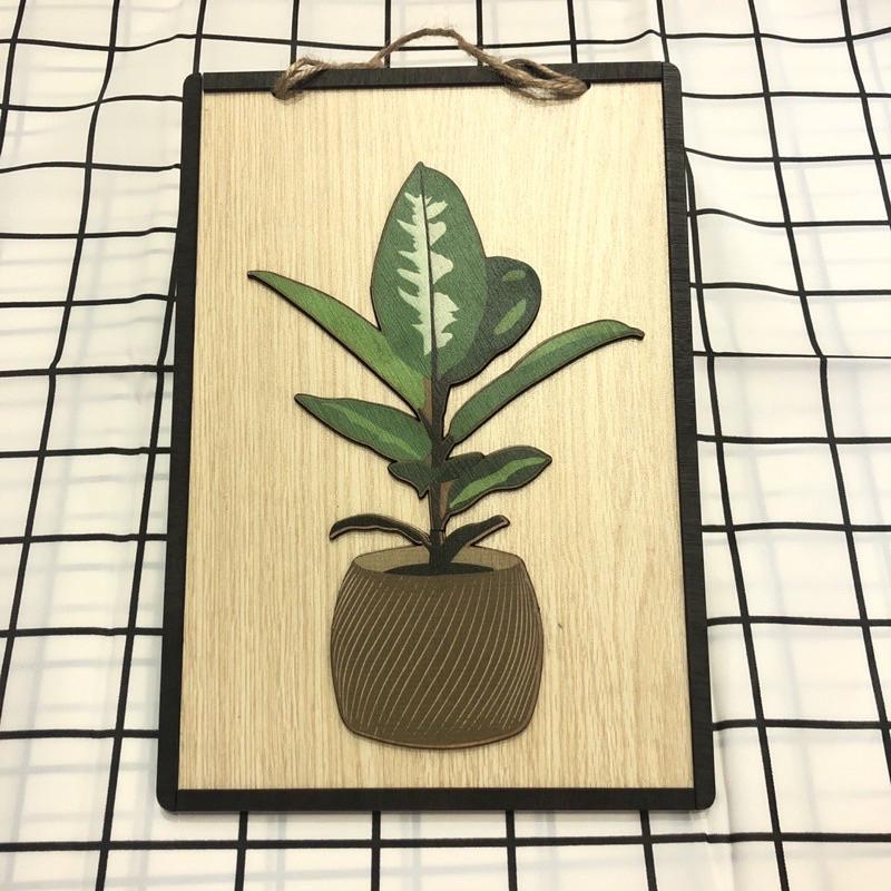 Tranh gỗ khắc laze nổi hình chậu lá xanh trang trí phòng khách quán cafe có dây treo tặng đinh 3 chân 22x28cm